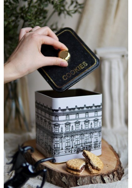ER023-2J City Cookies Desenli Kare Metal Saklama Kabı 12X12 cm