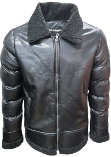 Z01037 Erkek Yakası Kürklü Fermuarlı Deri Ceket - Z01037 - Siyah - ST01037-SIYAH-XL