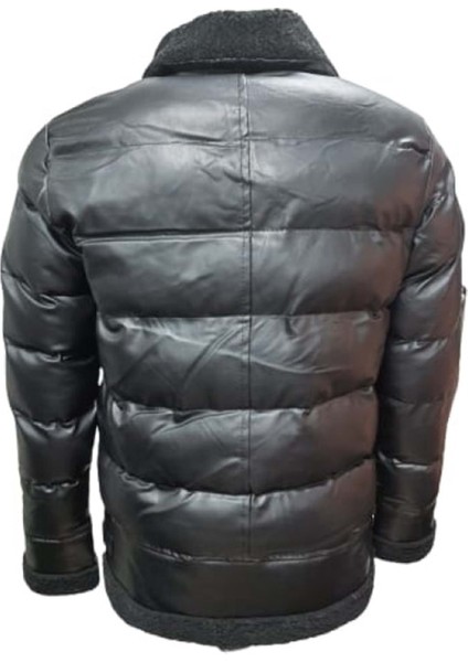 Z01037 Erkek Yakası Kürklü Fermuarlı Deri Ceket - Z01037 - Siyah - ST01037-SIYAH-XL