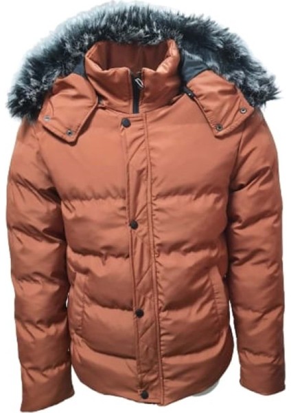 Z01325 Erkek Kapüşonu Kürklü Içi Peluşlu Şişme Mont - Z01325 - Kiremit - ST01325-KIREMIT-L