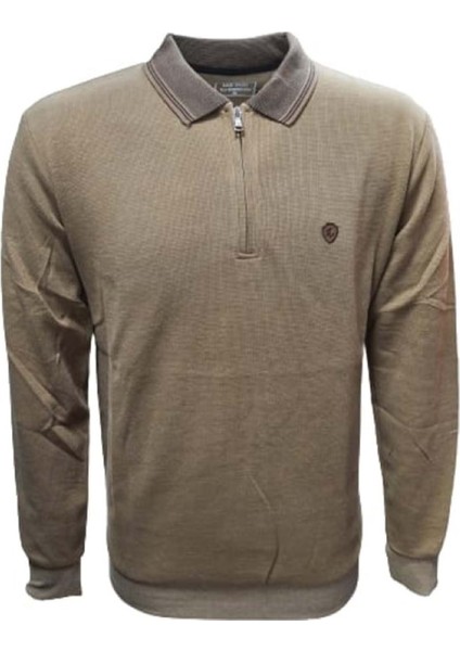 R01253 Erkek Basic Regular Fit Selanik Polo Yaka Sweatshirt - ST01253 - Açık Kahverengi - ST01253-AÇIK Kahverengi-L