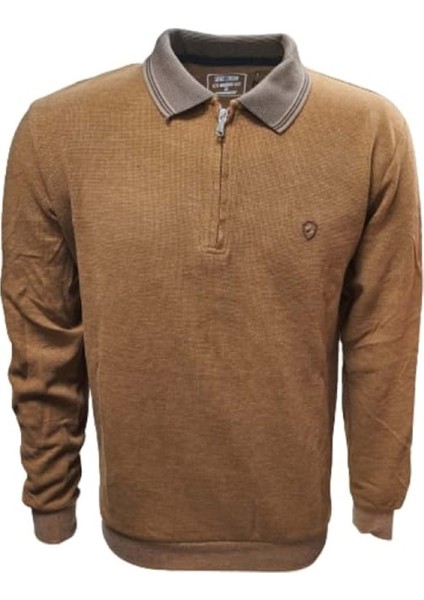 R01253 Erkek Basic Regular Fit Selanik Polo Yaka Sweatshirt - ST01253 - Taba - ST01253-TABA-XXL