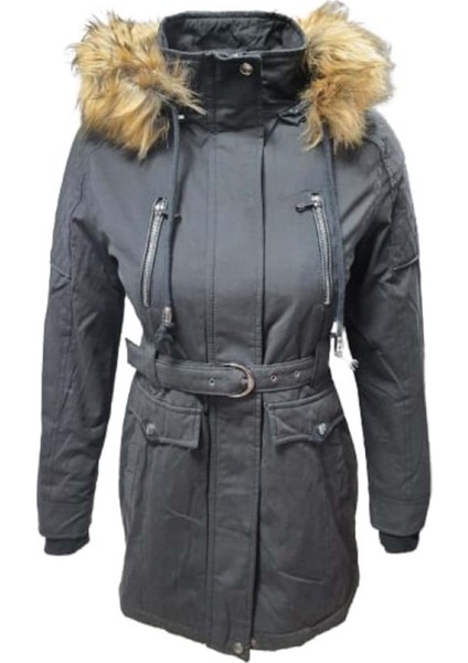 TB3439 Kadın Gabardin Kapüşonlu Içi Kürklü Mont - TB3439 - Siyah