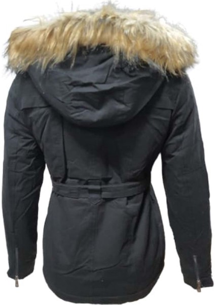 TB3435 Kadın Gabardin Kapüşonu Kürklü Kısa Boy Mont - TB3435 - Siyah modelleri