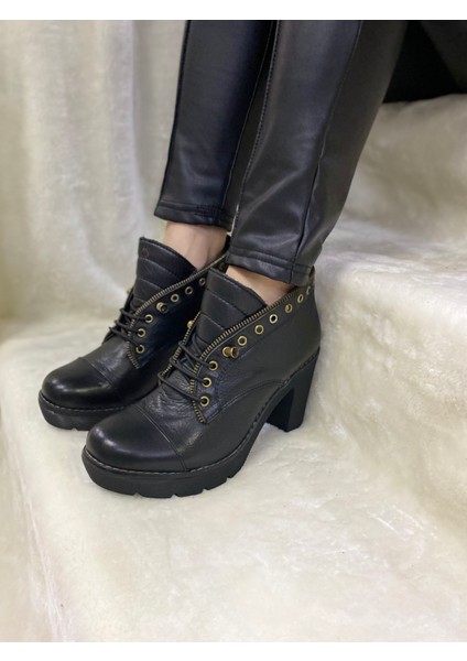 Çiğdem Gerçek Deri Lastik Bağlı Platform Siyah Kısa Kadın Bot (B2) - Siyah - 38 - ST01433-SİYAH-38