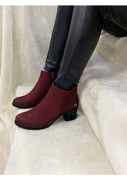 Çiğdem Gerçek Deri Bordo Süet Fermuarlı Topuklu Kadın Bot (B12) - Bordo - 39 - ST01441-BORDO-39