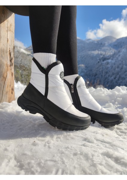 Çiğdem Unisex Kısa Kar Botu 39 Numara Beyaz Su Geçirmez Fermuarlı Tasarım