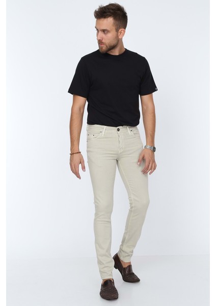 Digital Jeans Dar Kesim Erkek Likralı Krem Kot Pantolon