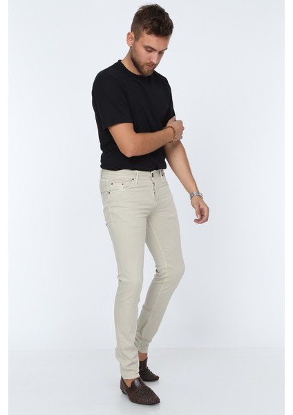 Digital Jeans Dar Kesim Erkek Likralı Krem Kot Pantolon