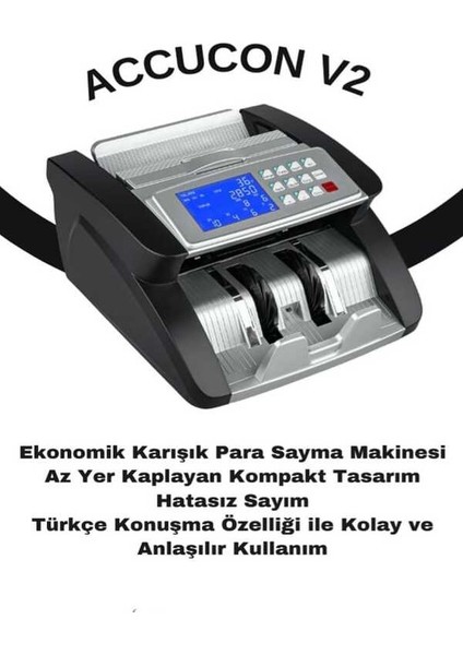 V2 Karışık Para Sayma Makinesi TL- Euro -usd-türkçe Sesli Uyarı Müşteri Ekranı Hediyeli