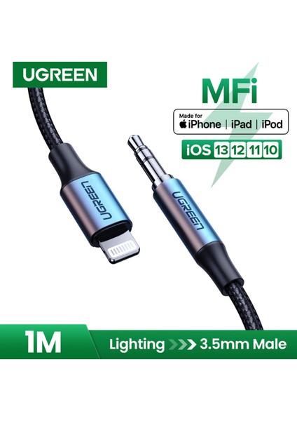 Ugreen Mfi Lightning 3.5mm Aux Kablosu iPhone 11 Pro Max x 7 3.5mm Jack Erkek 1m Kablo Araç Dönüştürücü Kulaklık Ses Adaptörü (Yurt Dışından)