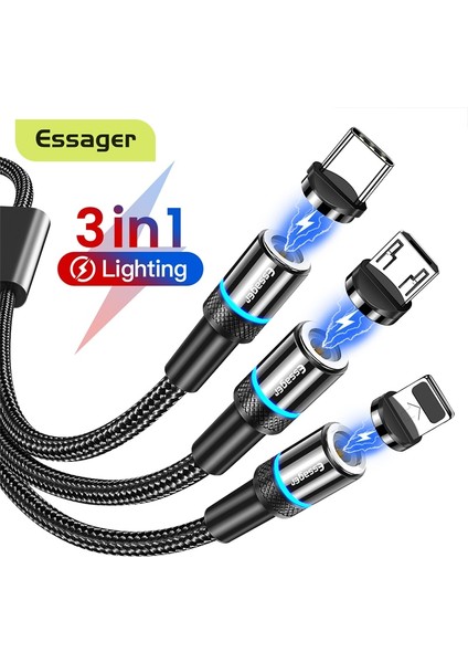 Essager 3 In 1 Manyetik Mikro USB Kablosu iPhone Samsung Xiaomi Için 3in1 Çok Mıknatıslı Şarj Cihazı Hızlı Şarj USB Tipi C Kablo Kordonu (Yurt Dışından)