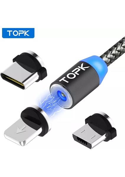 Topk R-Line1 LED Manyetik Kablo iPhone x 8 7 6 Artı Mikro USB Kablosu USB Tip-C Kablo Mıknatıslı Telefon Kabloları Tip C USB C Gri (Yurt Dışından)