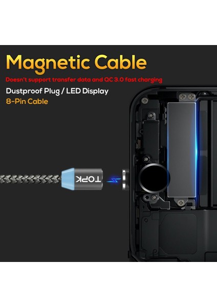 Topk R-Line1 LED Manyetik Kablo iPhone x 8 7 6 Artı Mikro USB Kablosu USB Tip-C Kablo Mıknatıslı Telefon Kabloları Tip C USB C Gri (Yurt Dışından)