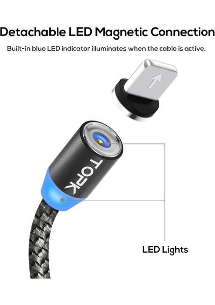 Topk R-Line1 LED Manyetik Kablo iPhone x 8 7 6 Artı Mikro USB Kablosu USB Tip-C Kablo Mıknatıslı Telefon Kabloları Tip C USB C Gri (Yurt Dışından)