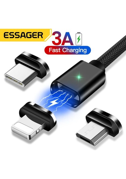 Essager Manyetik USB C Kablosu iPhone 14 13 12 Samsung Redmi Hızlı Şarj Mikro Cep Telefonu Kablosu Mıknatıs Tipi C USB Veri Kablosu Kablosu (Yurt Dışından)