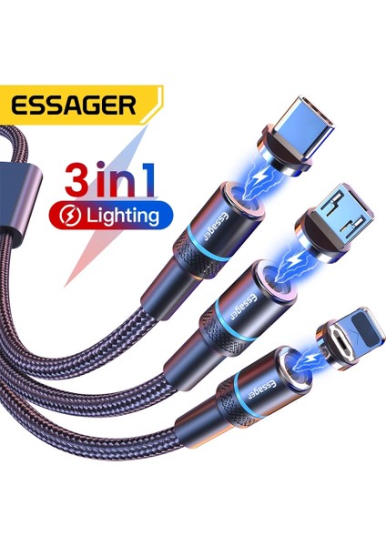 Essager 3 In 1 Manyetik Kablo IPHONE14 Xiaomi Android USB Tip C Mıknatıs 3in1 Çok Hızlı Şarj Şarj Cihazı Mikro USB Tel Kablosu (Yurt Dışından)