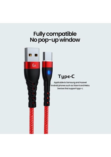 Samsung Xiaomi Huawei Için USB C Tipi Kablo 6A Hızlı Şarj USB C Kablosu Cep Telefonu Şarj Cihazı Usbc C Tipi Veri Kablosu Kablosu (Yurt Dışından)