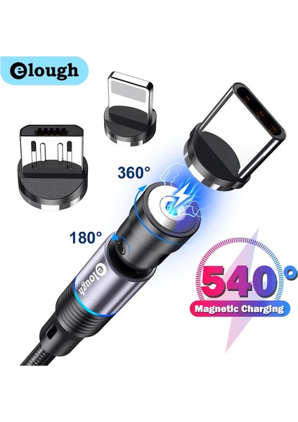 Elough Manyetik Kablo 540 Döndür Manyetik Şarj Mikro USB C Kablosu Hızlı Şarj iPhone Xiaomi Poco Mıknatıs Telefon Tel Kablosu (Yurt Dışından)