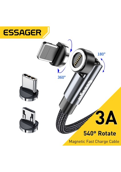 Essager Döndür Manyetik Kablo 360 Derece USB Tip C Şarj Kablosu 3A Hızlı Şarj Mıknatıs Şarj Cihazı 540 Döndür Mikro Manyetik Kablo (Yurt Dışından)