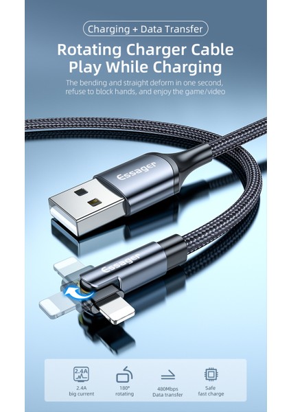 Essager 3A Hızlı Şarj Kablosu Mikro USB Tip C Veri Şarj Cihazı iPhone Xiaomi Cep Telefonu Için 180 ° Rotasyon Döndürme Tel Kablosu (Yurt Dışından)
