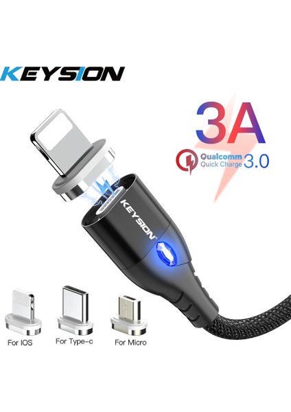 Keysıon Manyetik Kablo Mikro USB Tip C iPhone Yıldırım Kablosu 1 M 3A Hızlı Şarj Kablosu Tip-C Mıknatıslı Şarj Cihazı Telefon Kablosu (Yurt Dışından)