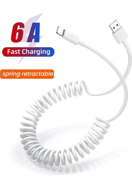 1m Bahar USB Kablosu iPhone 14 13 12 Pro Max Geri Çekilebilir 6A Tip C Mikro USB Şarj Aleti Kablosu Xiaomi Huawei Için Şarj Kablosu (Yurt Dışından)