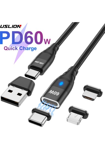 Uslıon 3-In-1 60W USB C - Tip C Manyetik Kablo Süper Hızlı Şarj Qc 4.0 3.0 Usb-C - Mikro USB Kablosu Kablosu iphone Macbook Için (Yurt Dışından)