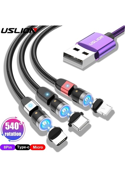 Uslıon Yeni Manyetik USB Kablosu Hızlı Şarj Mikro Tip C Cep Telefonu Kablosu iPhone Samsung 360 + 180 Derece Dönen Kablo Tel (Yurt Dışından)