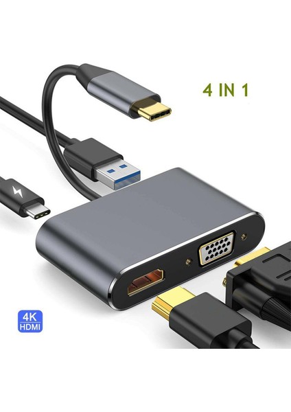 4'ü 1 Arada USB C Tip-C'den HDMI 4K VGA Usb3.0 Ses Video Adaptörü Pd Hızlı Şarj Aleti (Yurt Dışından)