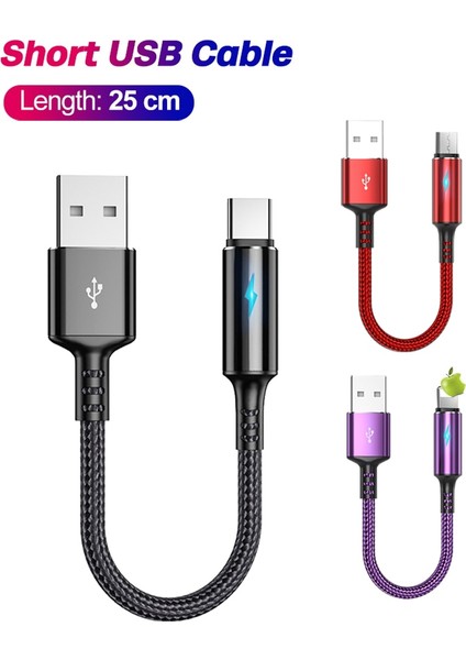 25 cm Kısa Naylon Şarj Veri Kablosu Mikro USB C Tipi Kablolar Ios Android Telefon Için 2.4A Hızlı Şarj Güç Bankası Telefon Kablosu Tel (Yurt Dışından)