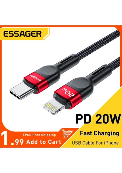 Essager Pd 20W USB Kablosu iPhone 14 13 12 11 Pro Max 2.4A Hızlı Şarj USB Tip C iPad Şarj Cihazı Veri Kablo Tel Kablosu 2m (Yurt Dışından)