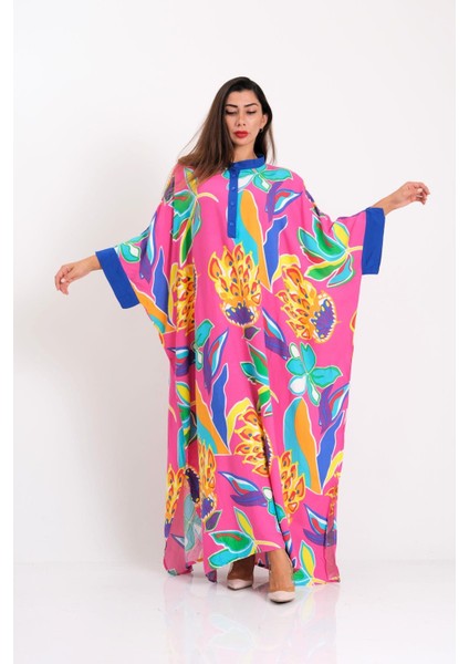 Kadın Pembe Çiçekli Sıfır Yaka Yarasa Kol Oversize Uzun Elbise