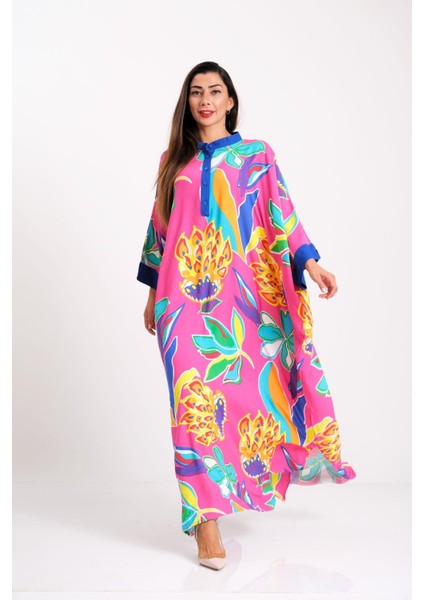 Kadın Pembe Çiçekli Sıfır Yaka Yarasa Kol Oversize Uzun Elbise