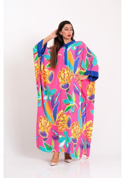 Kadın Pembe Çiçekli Sıfır Yaka Yarasa Kol Oversize Uzun Elbise