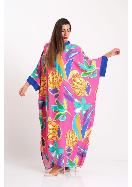 Kadın Pembe Çiçekli Sıfır Yaka Yarasa Kol Oversize Uzun Elbise