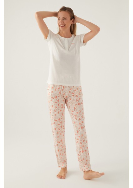 Buttoned Krem Kadın Kısa Kol Pijama Takımı