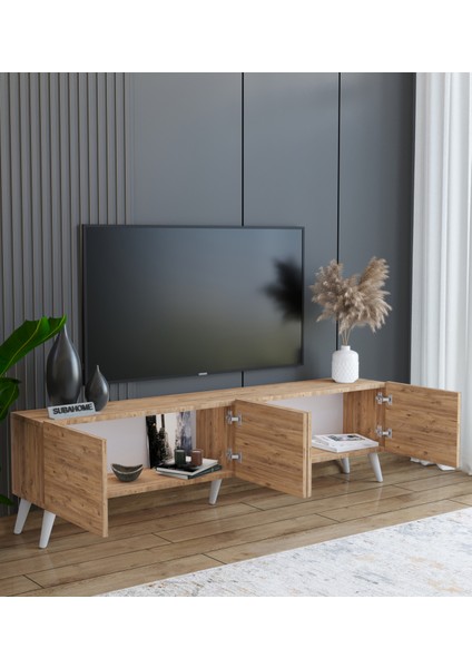 Subahome Ahşap Görünümlü %100 Mdf 4 Kapaklı Tv Ünitesi 160 x 30 x 45 Modern ve Fonksiyonel Tasarım