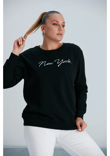 Pikka Online Kadın Siyah New York Yazılı Büyük Beden Sweatshirt