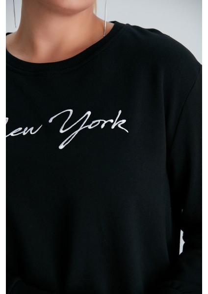 Pikka Online Kadın Siyah New York Yazılı Büyük Beden Sweatshirt