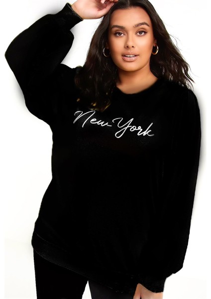 Pikka Online Kadın Siyah New York Yazılı Büyük Beden Sweatshirt