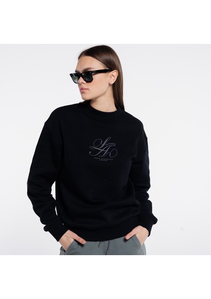 Dom Kadın Siyah Bisiklet Yaka Ekstra Oversize Sweatshirt - 3 Iplik