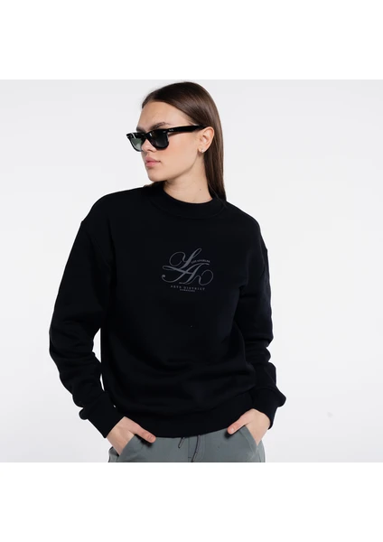 Friday Offset Dom Kadın Siyah Bisiklet Yaka Ekstra Oversize Sweatshirt - 3 Iplik