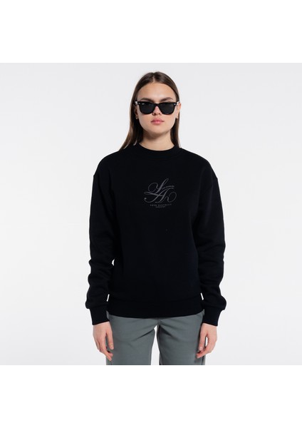 Dom Kadın Siyah Bisiklet Yaka Ekstra Oversize Sweatshirt - 3 Iplik