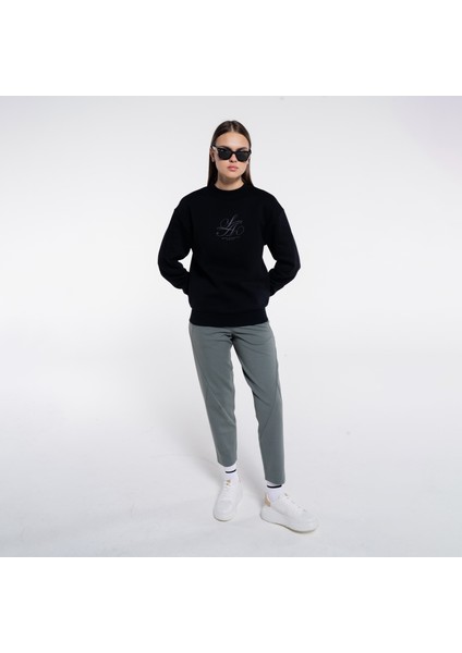 Dom Kadın Siyah Bisiklet Yaka Ekstra Oversize Sweatshirt - 3 Iplik