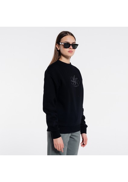 Dom Kadın Siyah Bisiklet Yaka Ekstra Oversize Sweatshirt - 3 Iplik