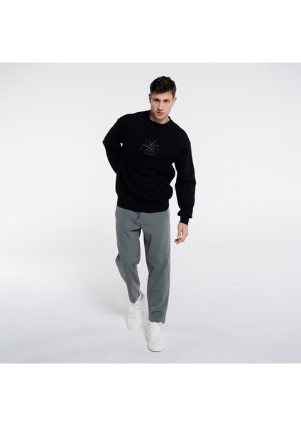 Friday Offset Dom Erkek Siyah Bisiklet Yaka Ekstra Oversize Sweatshirt - 3 Iplik