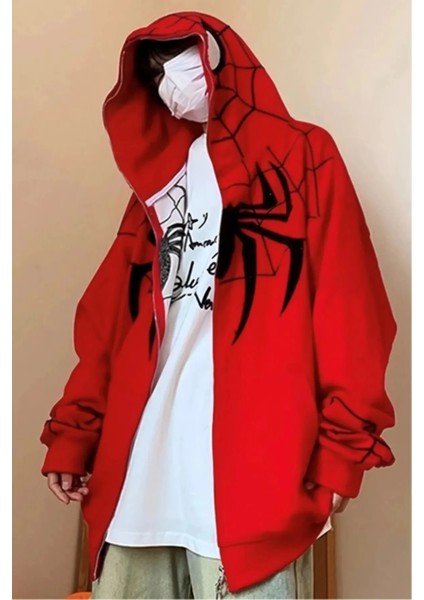 Kırmızı Kapüşonlu Siyah Spiderman Desenli Maske Detay Unisex Oversize Sweatshirt Hırka