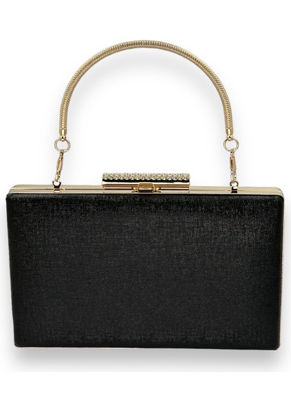 Siyah Renk Çizilmez Derili Metal Kasalı Zincirli Bayan Abiye Çanta Gece Çantası Düğün Nişan Kına Gelin Party Çantası Mezuniyet Portföy Clutch