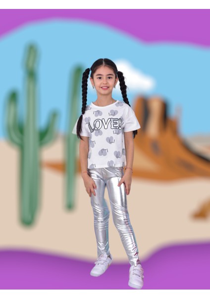 Kız Çocuk Metalik Lame Gümüş Renktaytlı Love Baskı T-Shirt 2'Li Takım